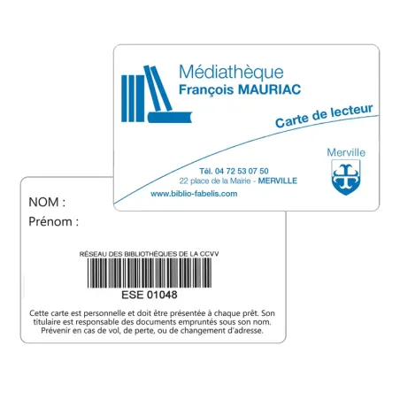 100 Cartes de lecteur PVC personnalisable avec code-barres - 86 x 54 mm - Monochrome